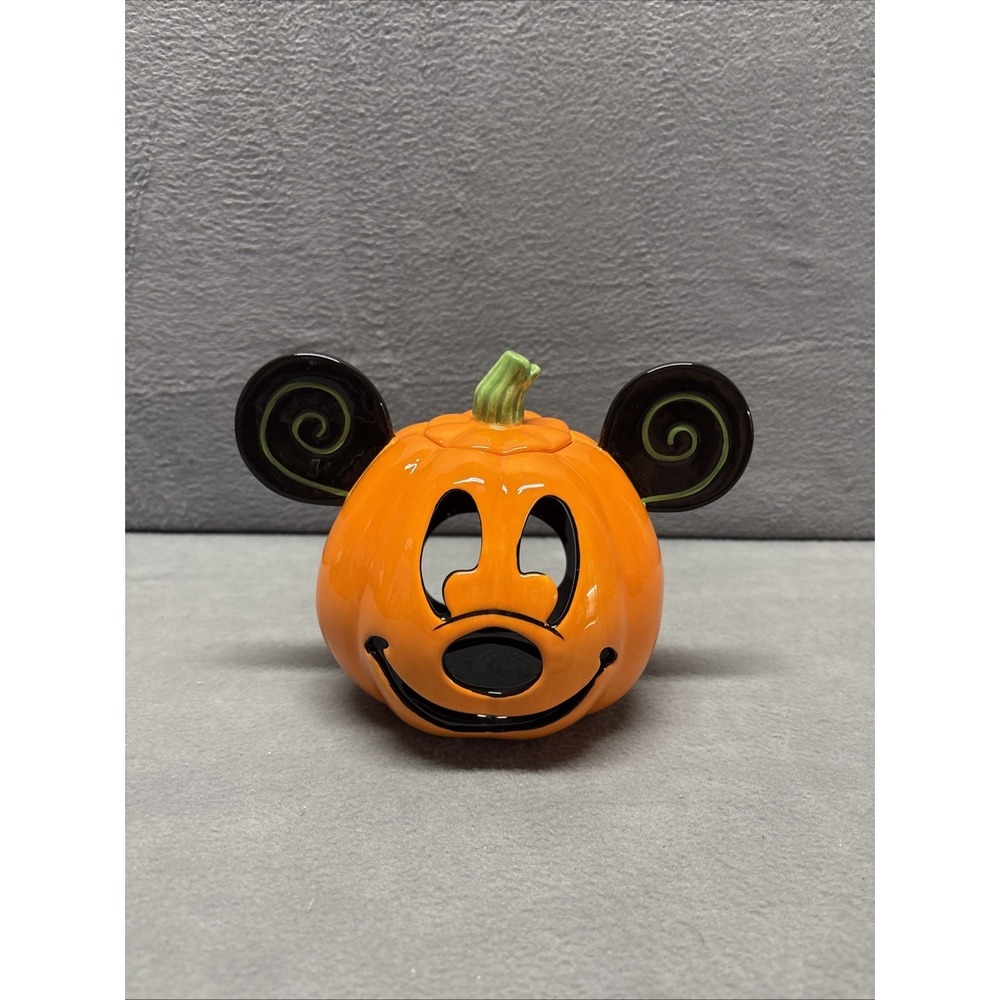 Disney‎ Mickey Mouse Jack O' Lantern Pumpkin Votive Candle Holder w/ Lid Ceramic